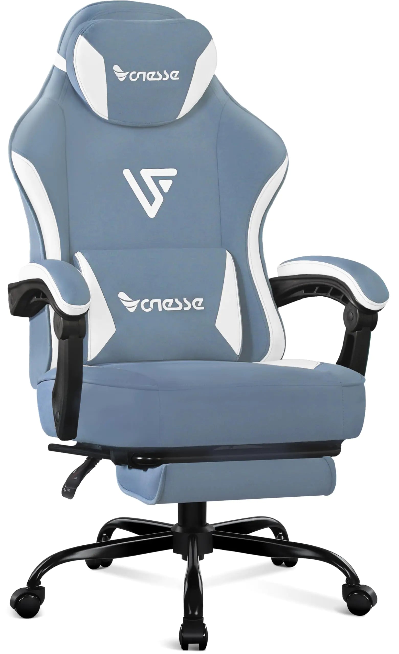 Vonesse gaming chair with pocket spring cushion, footrest, and massage lumbar support, reclining, for adults