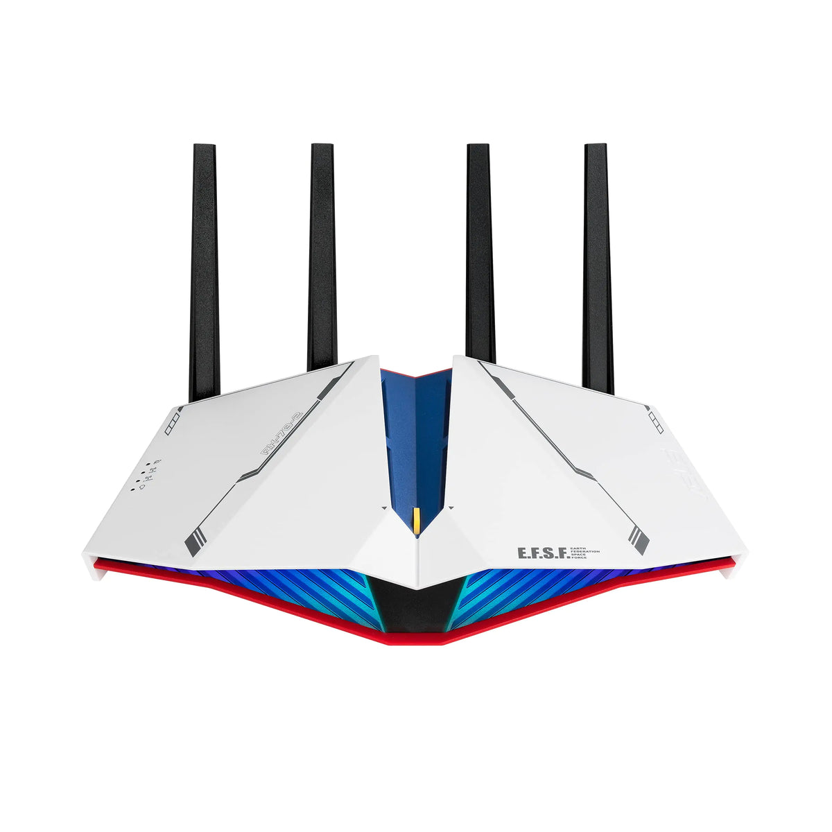 ASUS RT-AX82U GUNDAM Edition gaming router with WiFi 6, RGB lighting, and mobile game boost