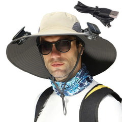 Wide Brim Sun Hat with Solar Fan Solar Fan Hat Men Sunscreen Sun Hat with Fan Solar Fan Outdoor Fishing Hat (US Alpha One Size Khaki)