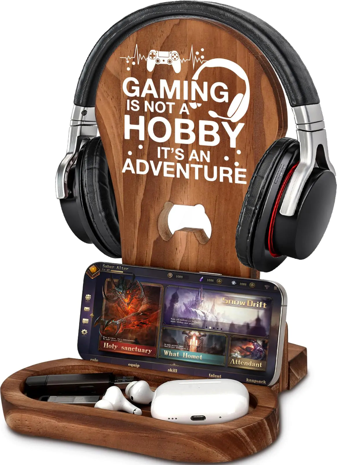 Wooden gaming headphone stand with funny quote – perfect gamer gift for teens or men