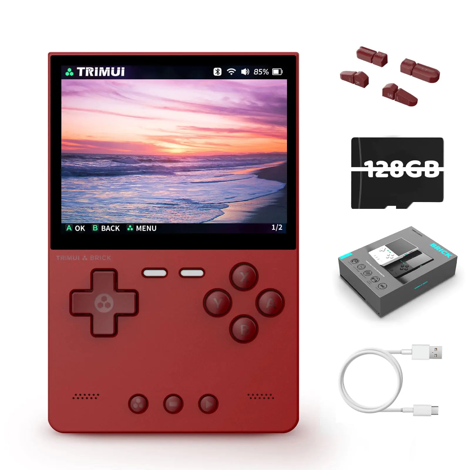 Trimui Brick retro game console with 3.2-inch screen, 128GB card, and 3000mAh battery
