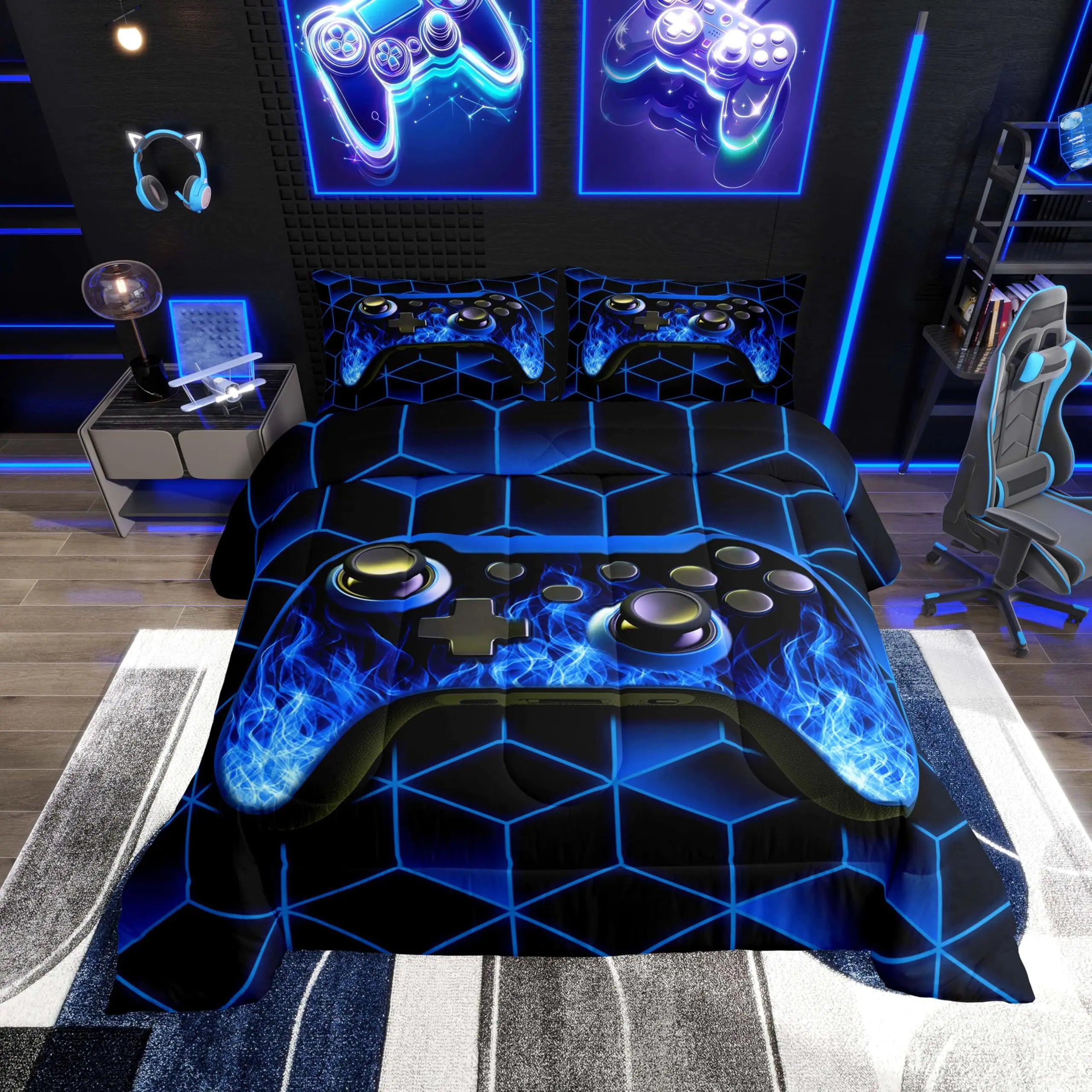 Blue gamer comforter set with neon geometric design, perfect for boys' gaming-themed bedrooms