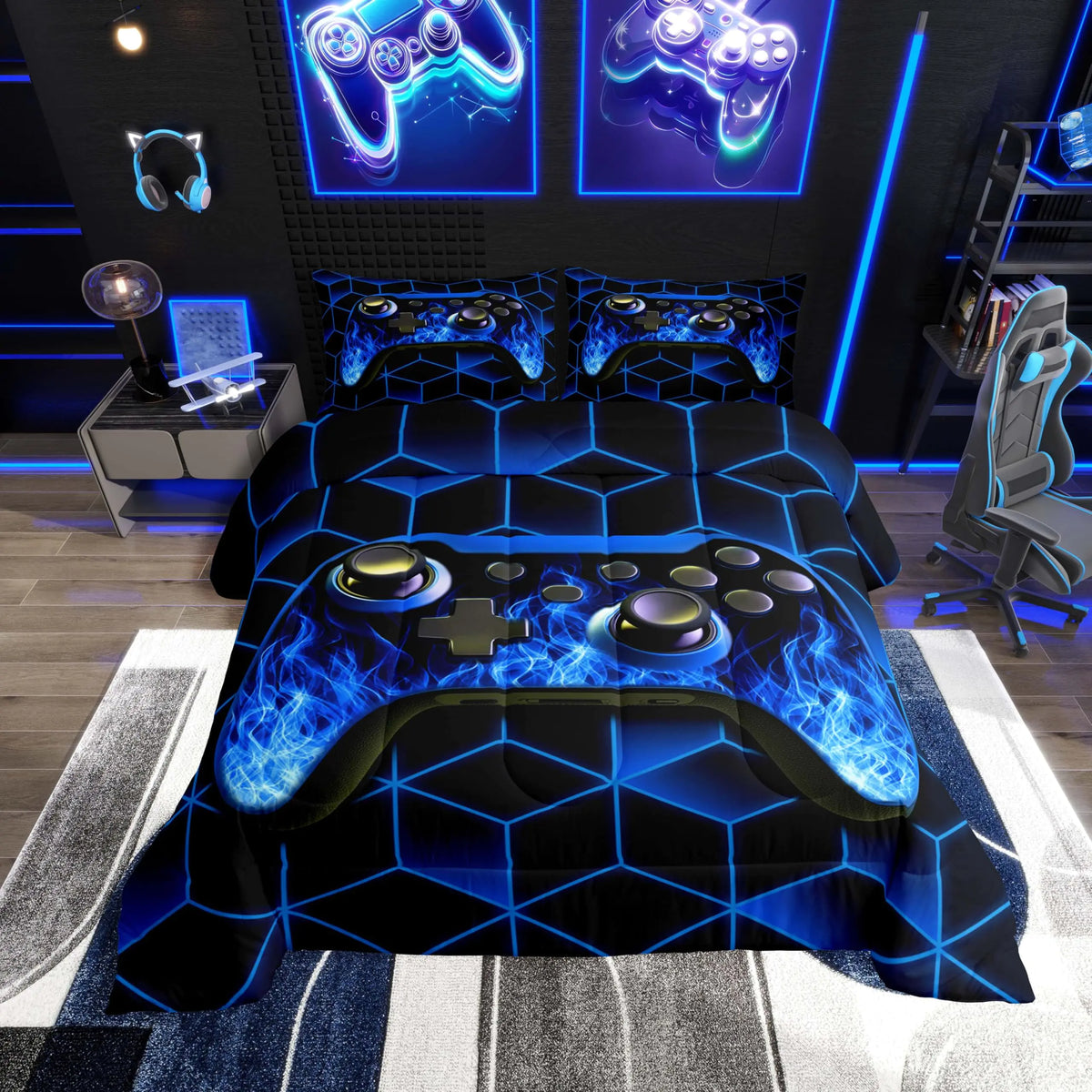 Blue gamer comforter set with neon geometric design, perfect for boys' gaming-themed bedrooms