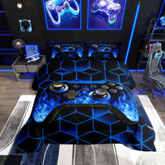 Blue gamer comforter set with neon geometric design, perfect for boys' gaming-themed bedrooms