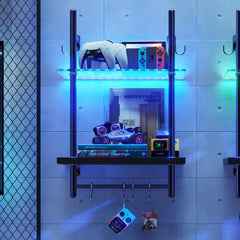 Bestier 15-inch LED wall shelf with glass tiers, hooks, and towel bar in black