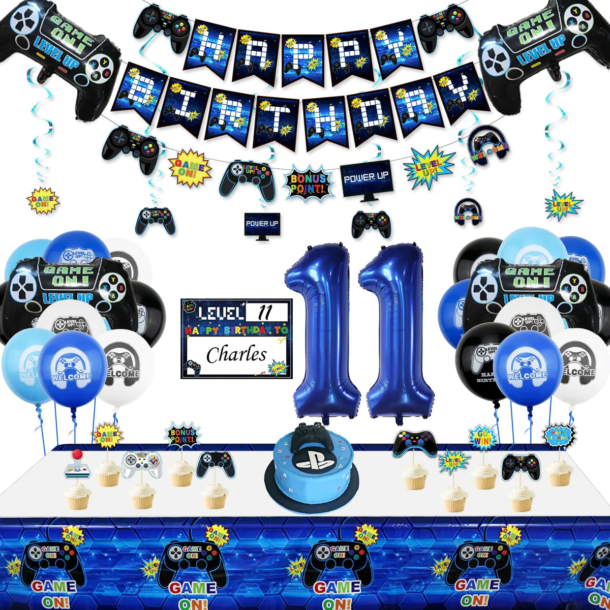 Video game-themed party decorations with birthday banner, balloons, and controller for boys