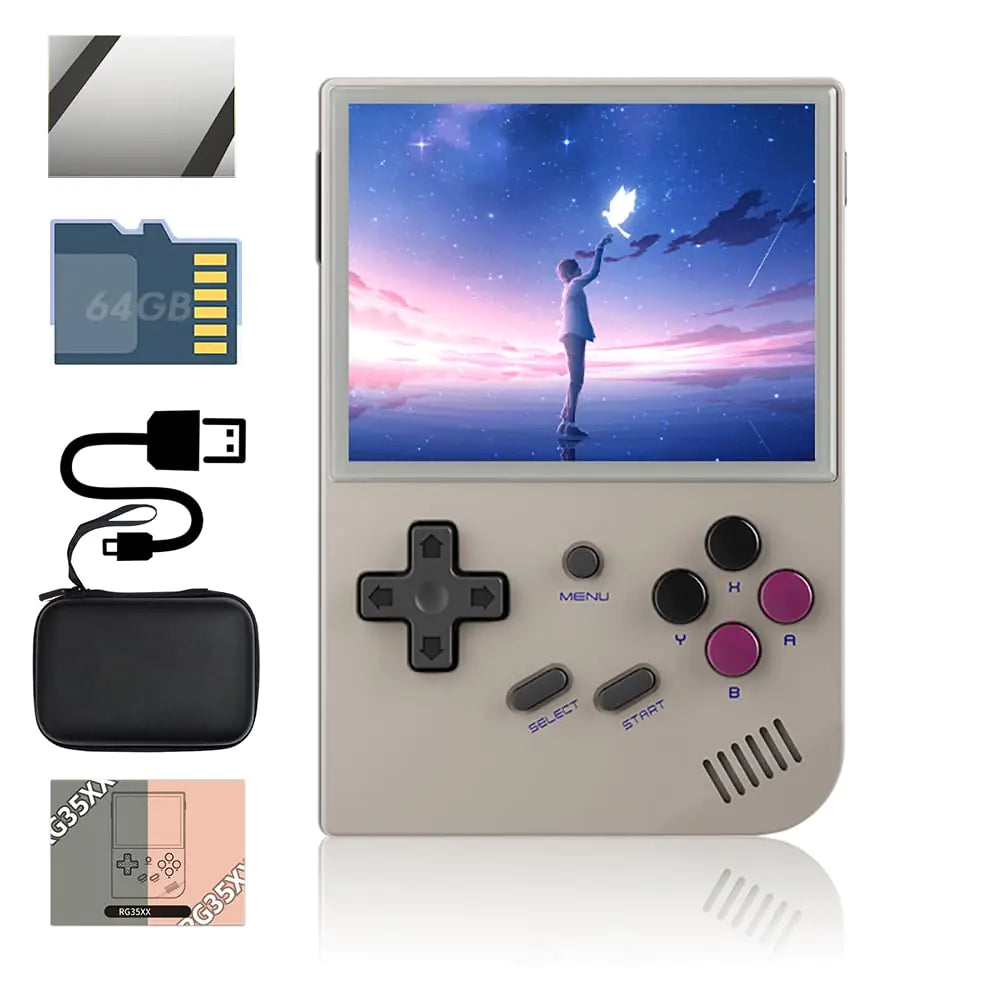 "RG35XX handheld gaming console with 64GB storage, 3.5-inch screen, and retro games in a portable case