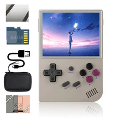 "RG35XX handheld gaming console with 64GB storage, 3.5-inch screen, and retro games in a portable case