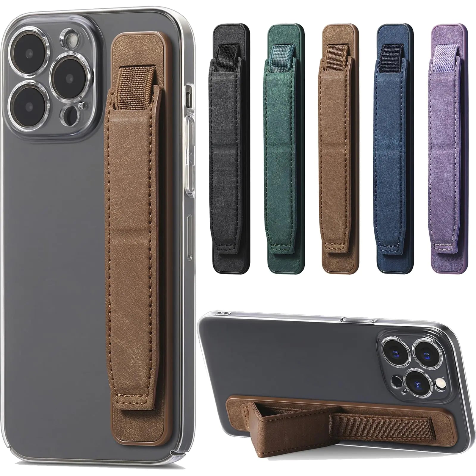 Ephoou Phone Strap Grip Cell Phone Holder Wrist Band Telescopic Phone Finger Strap Stand Phone Case Accessories Universal Finger Kickstand for Most Smartphone (Brown)