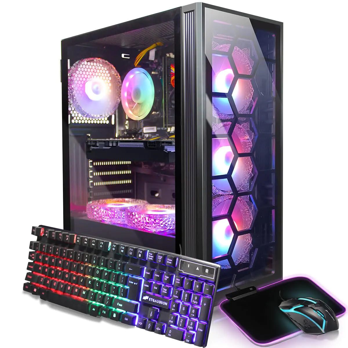 STGAubron gaming desktop with Xeon E5, RX 550, 16GB RAM, RGB fans, and WiFi