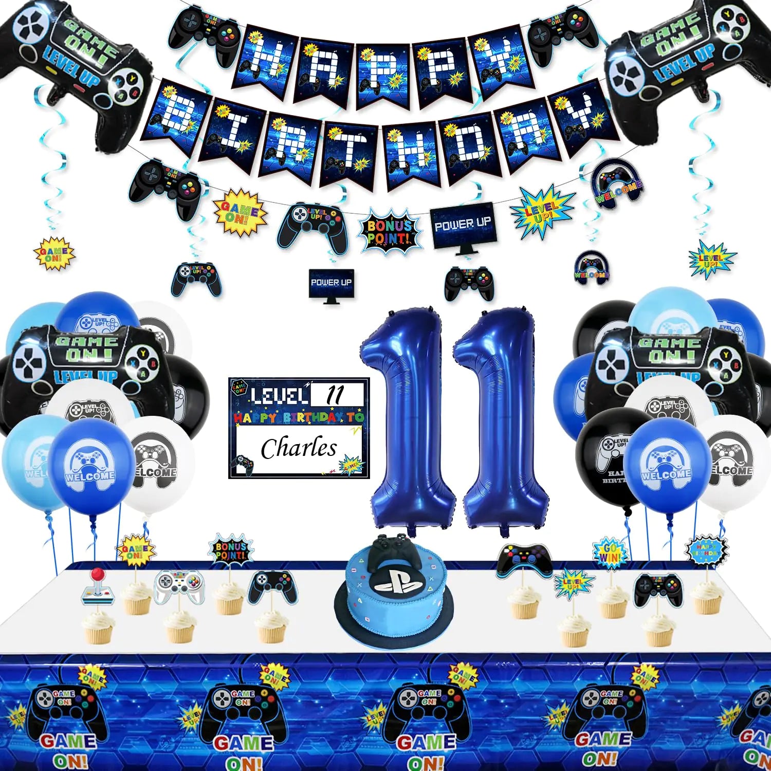 Video game-themed party decorations with birthday banner, balloons, and controller for boys