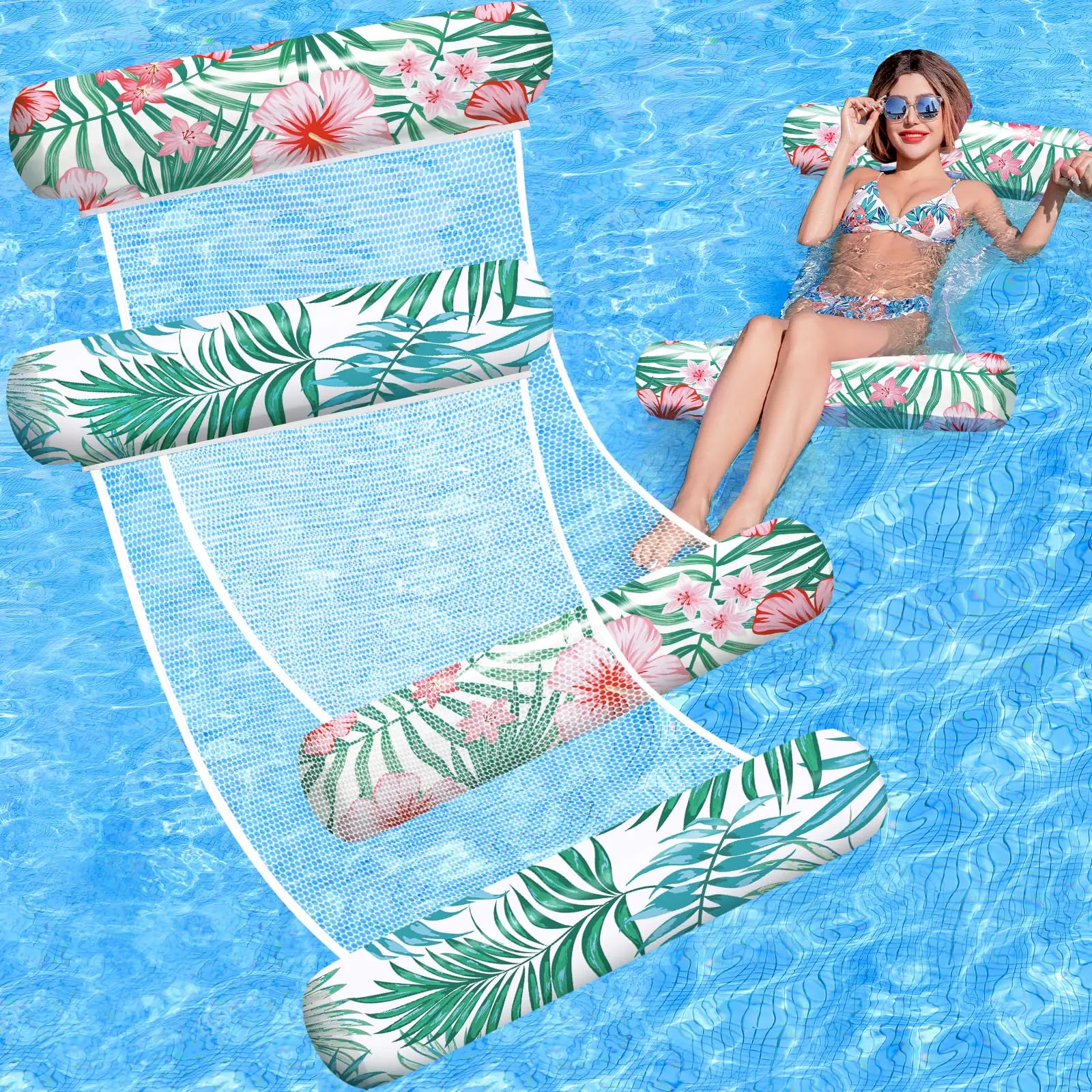 Pool Floats - 2 Pack Inflatable Pool Floats Rafts Pool Floats Adult Size 4-in-1 Floats for Swimming Pool Thick PVC Pool Float Lounger Water Hammock