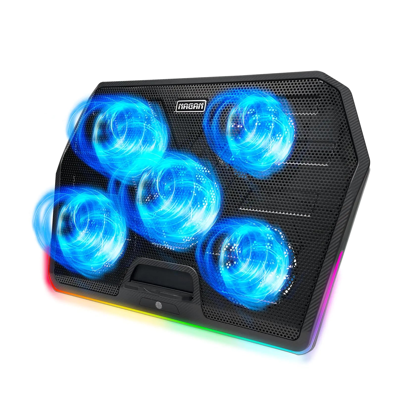NAGAN laptop cooling pad with 5 quiet fans, metal mesh surface, RGB lighting, dual USB ports, and adjustable height for 15 to 17.3 inch laptops