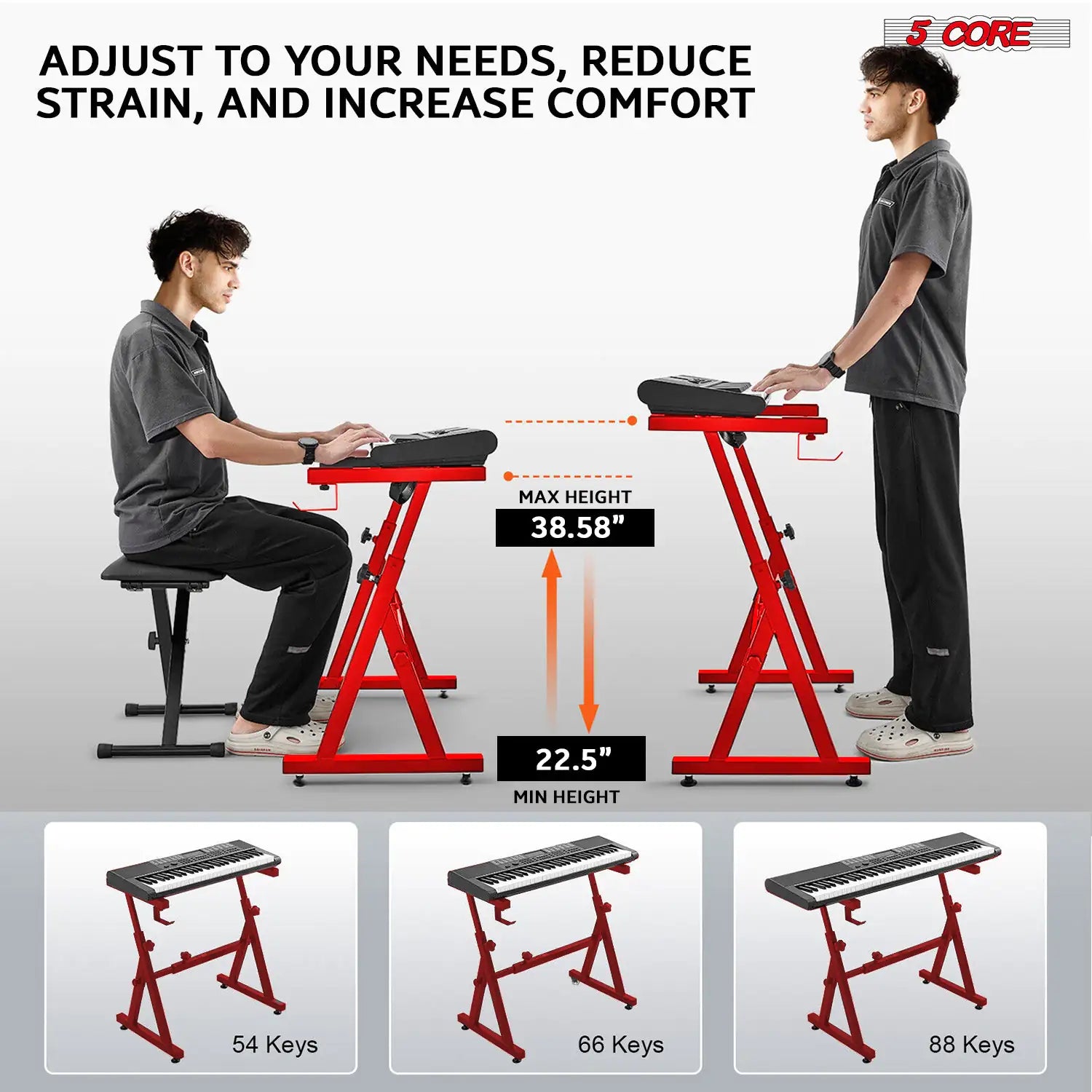5Core Keyboard Stand Z Style Heavy Duty Sturdy Piano Riser Height Adjustable Holder RED