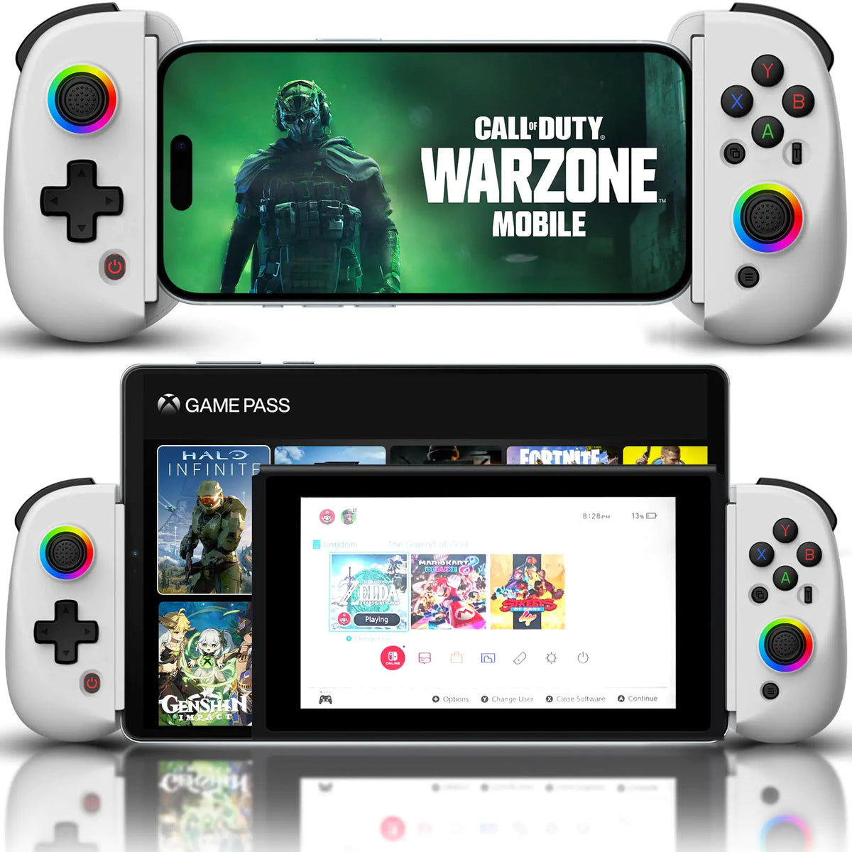 Joso wireless gaming controller with RGB joystick, vibration, and 6-axis gyro for mobile and console gaming